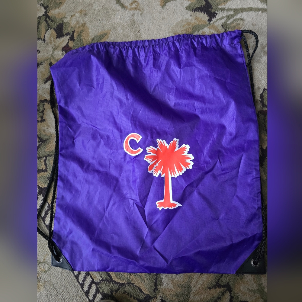 Purple Drawstring Backpack with Palm Tree Design, Clemson Tigers NCAA